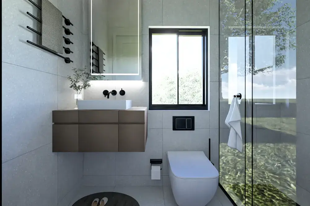 Render del baño de Infanta Mercedes con mueble suspendido, revestimiento gris y grifería negra