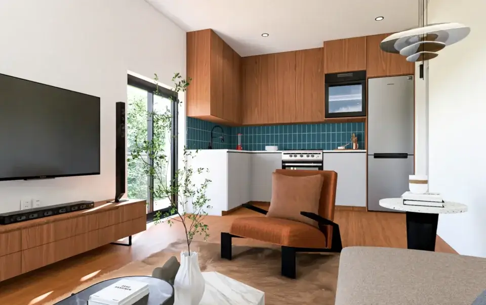 Render de Infanta Mercedes con cocina abierta al salón, frentes de madera y revestimiento azul verdoso