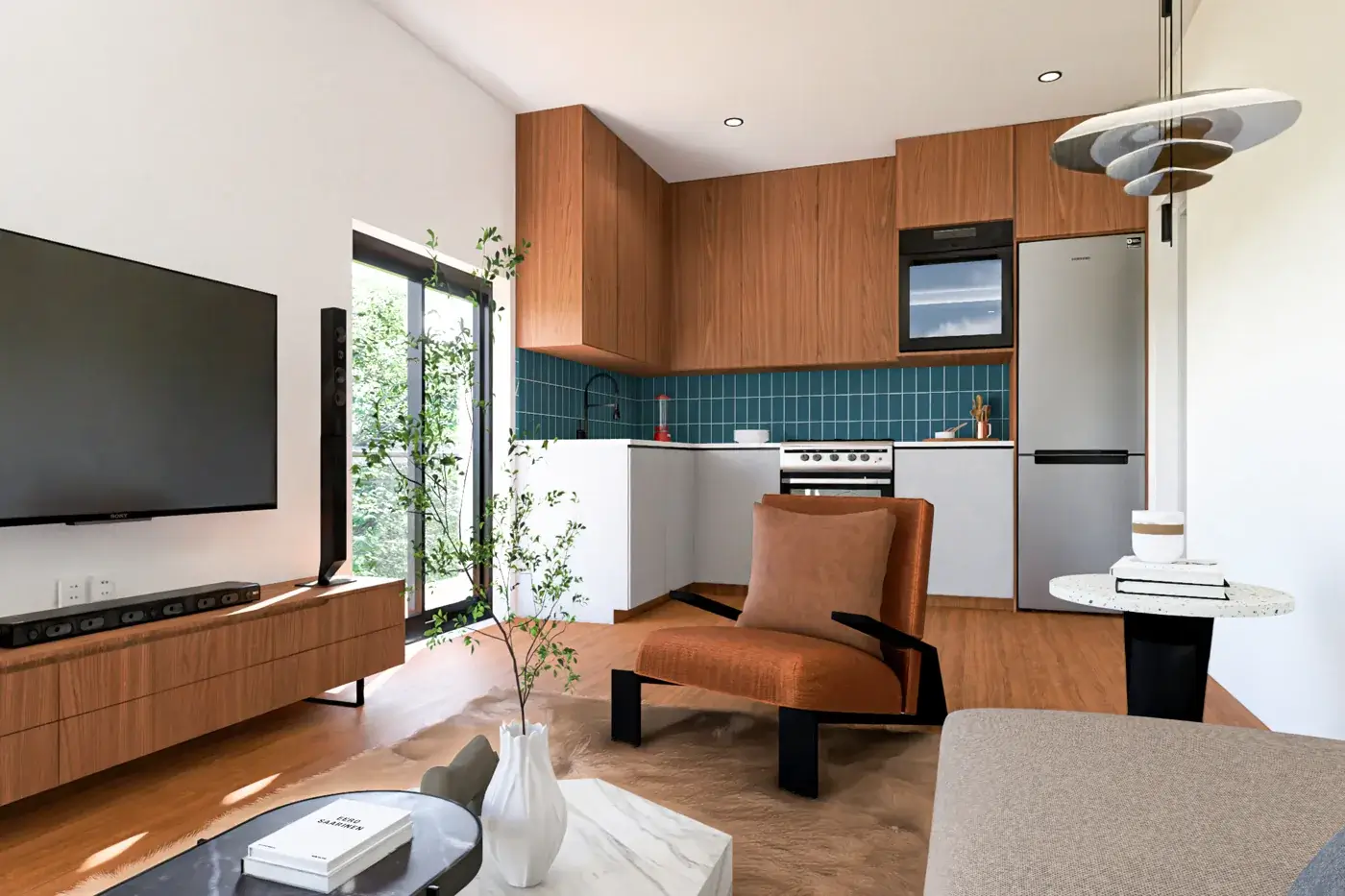 Render de Infanta Mercedes con cocina abierta al salón, frentes de madera y revestimiento azul verdoso